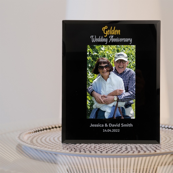 Personalised Golden Wedding Anniversary Photo Frame 6x4'' Or 7x5'' Black Glass Frame