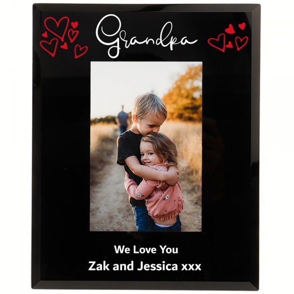 Personalised Grandpa Photo Frame with hand drawn hearts 6x4'' or 7x5'' Black Glass