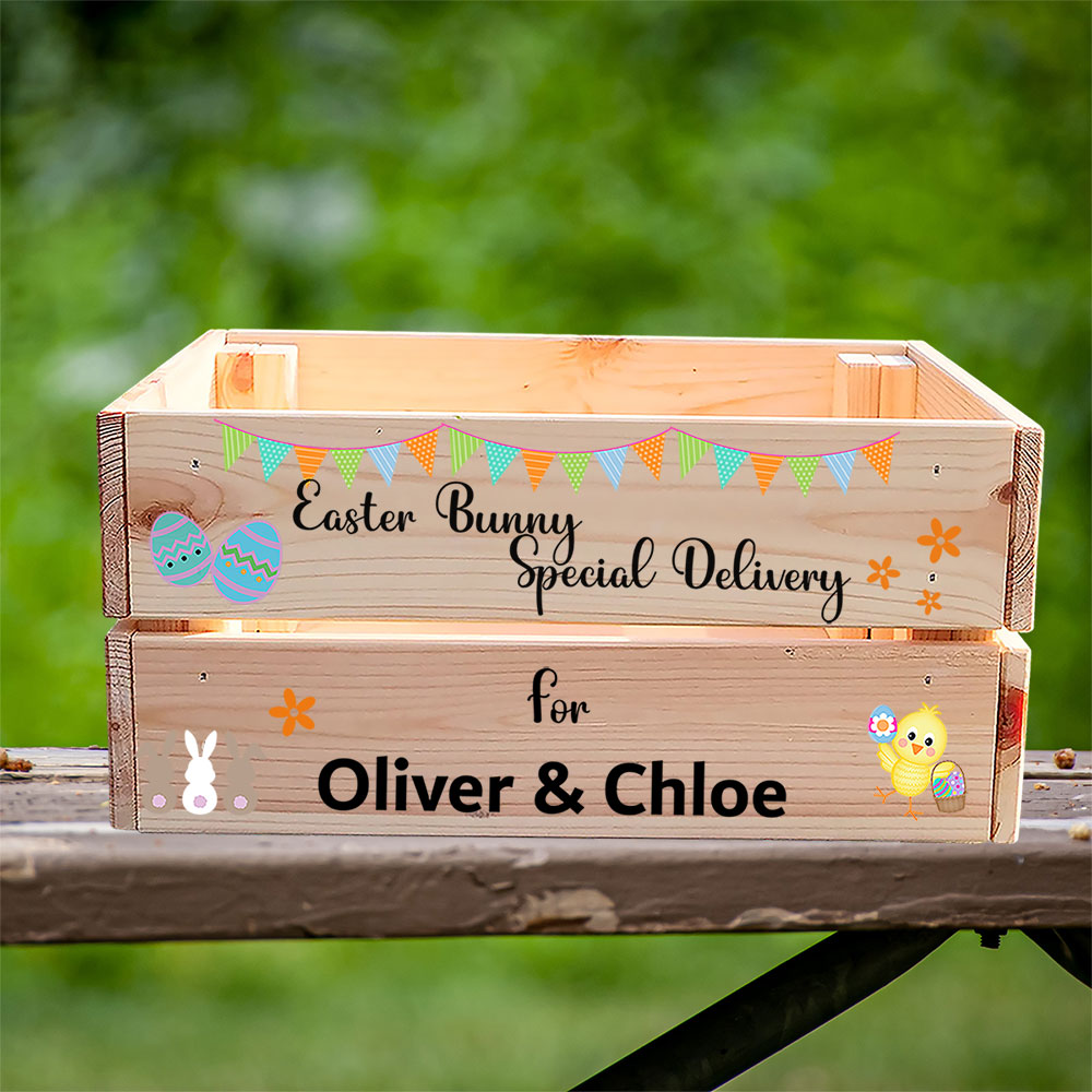 Personalised wooden Easter Crate Easter Bunny Special Delivery Ellie