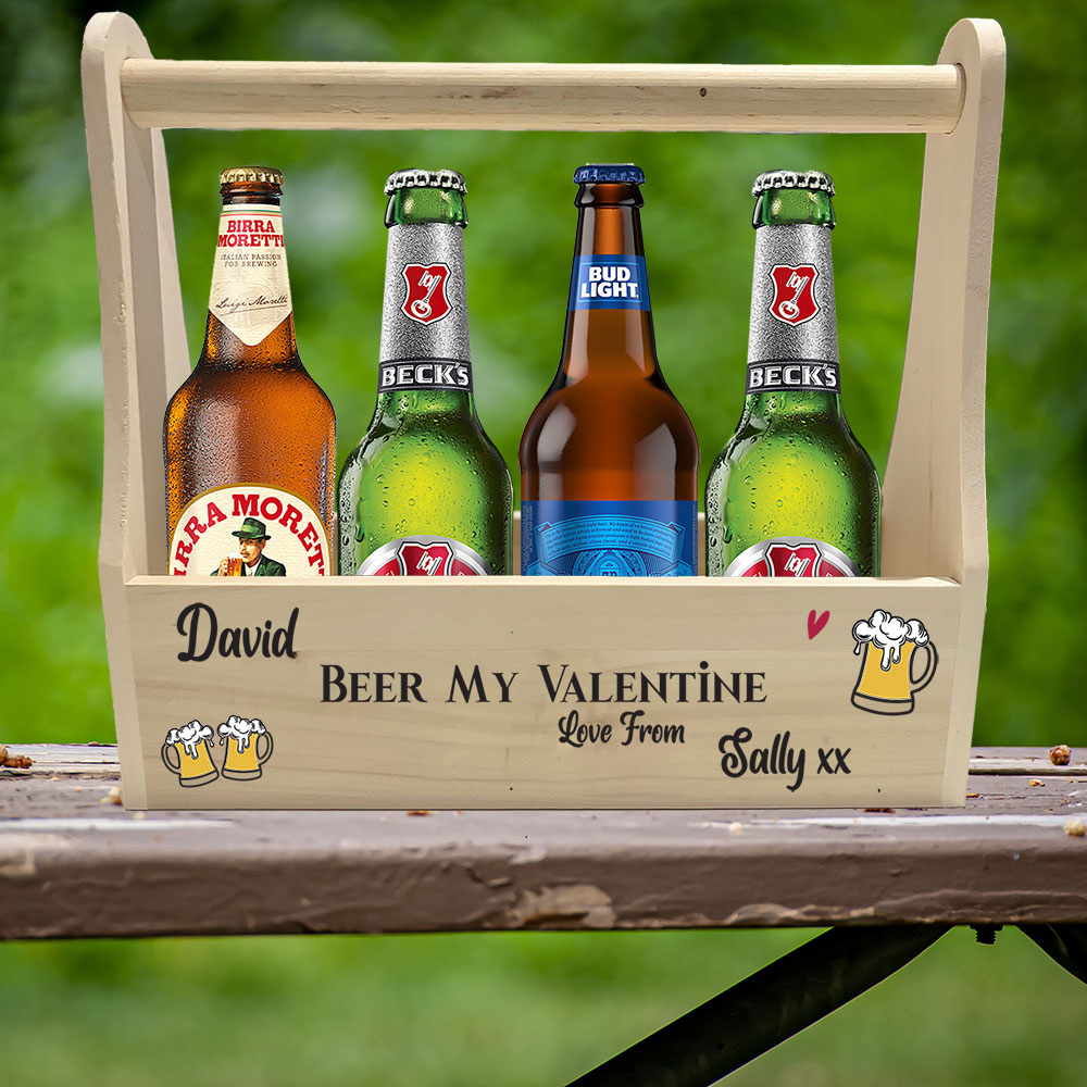 Personalised Beer My Valentine Beer Caddy Gift Wooden Beer Crate