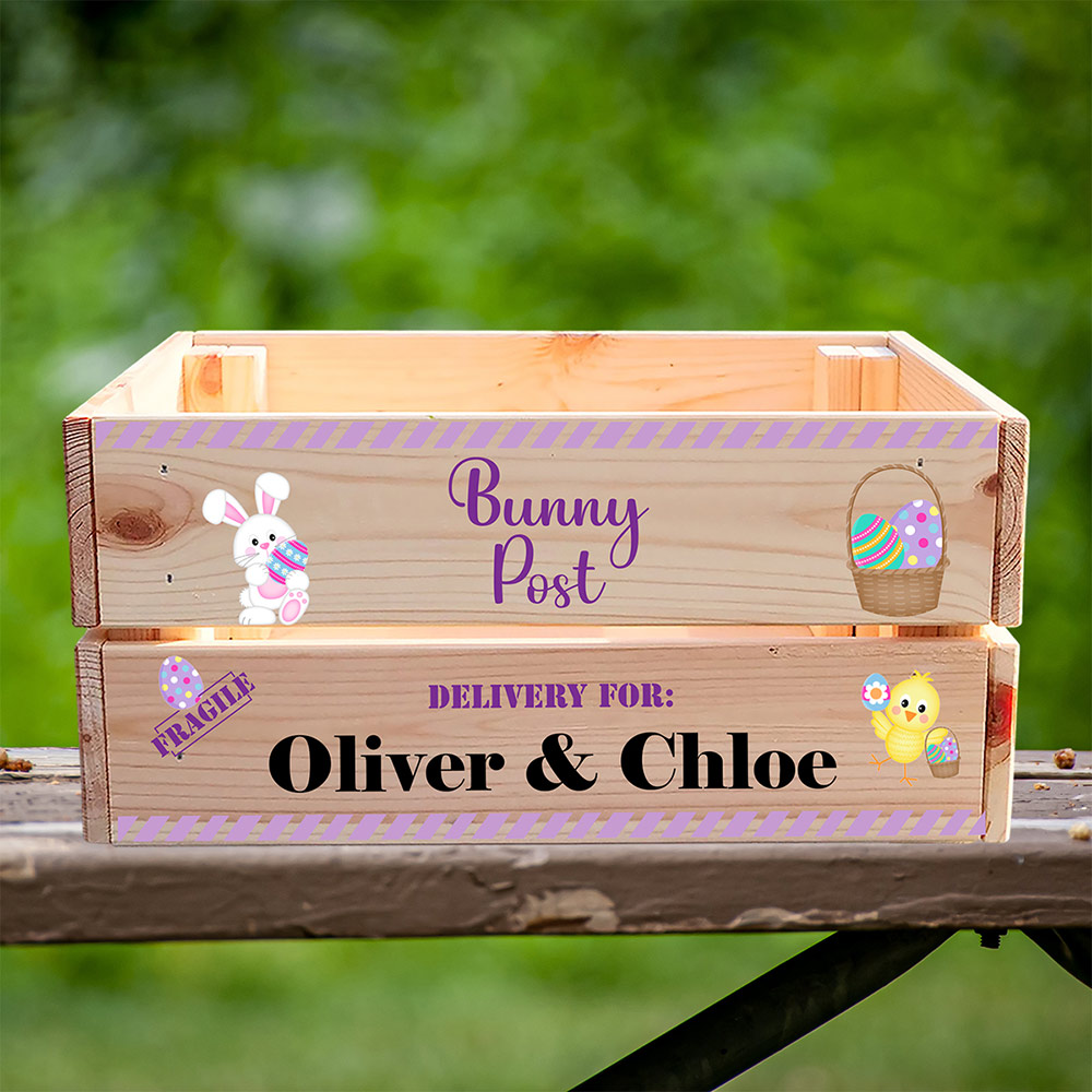 Personalised wooden Easter Crate Bunny Post Delivery Ellie Charles